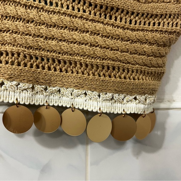 NWT Cider L Beige Tassel Knit Crop Tank Bohemian Festival Coachella Beachy Top - Picture 5 of 10